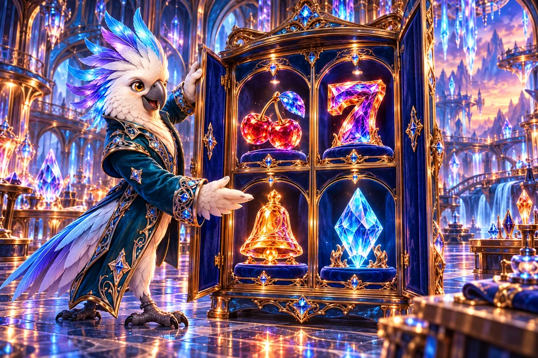 Vesper opens a cabinet of crystal cherries, bells and seven symbols.