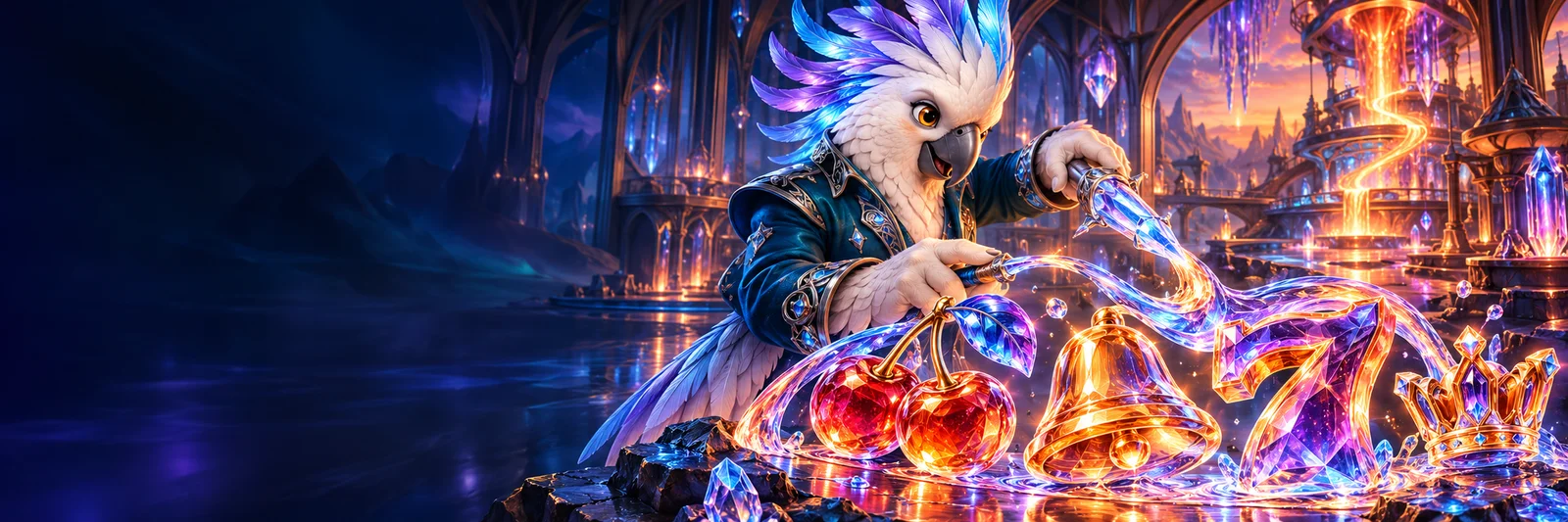 Vesper, the crystal-crested cockatoo, crafts brilliant cherries, a bell and a seven from liquid crystal.