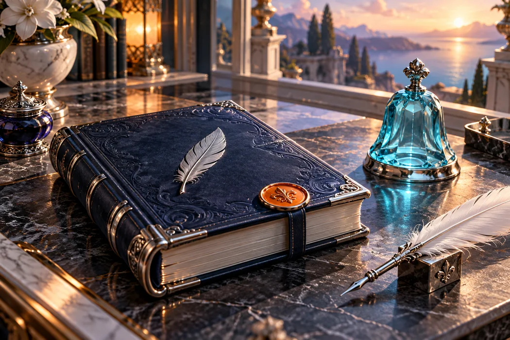 An embossed ledger, feather pen and crystal bell on a calm reading desk.