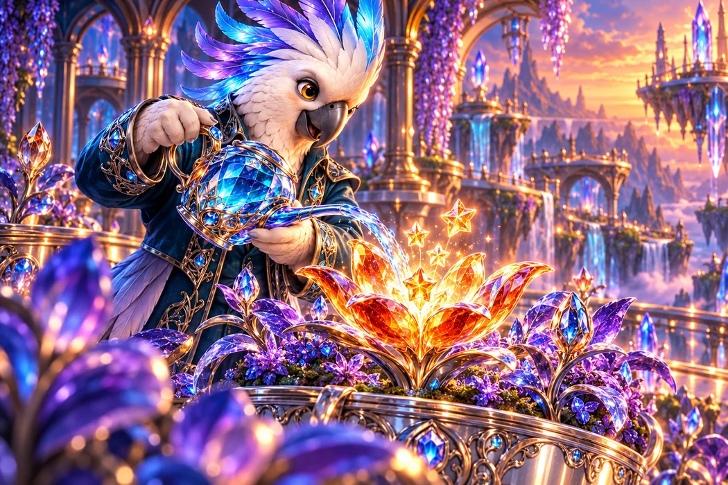 Vesper tends a glowing crystal flower.
