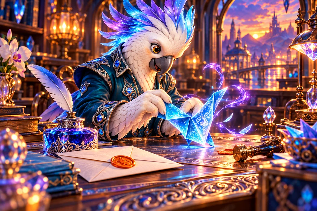 Vesper folds a letter into a crystalline messenger bird.
